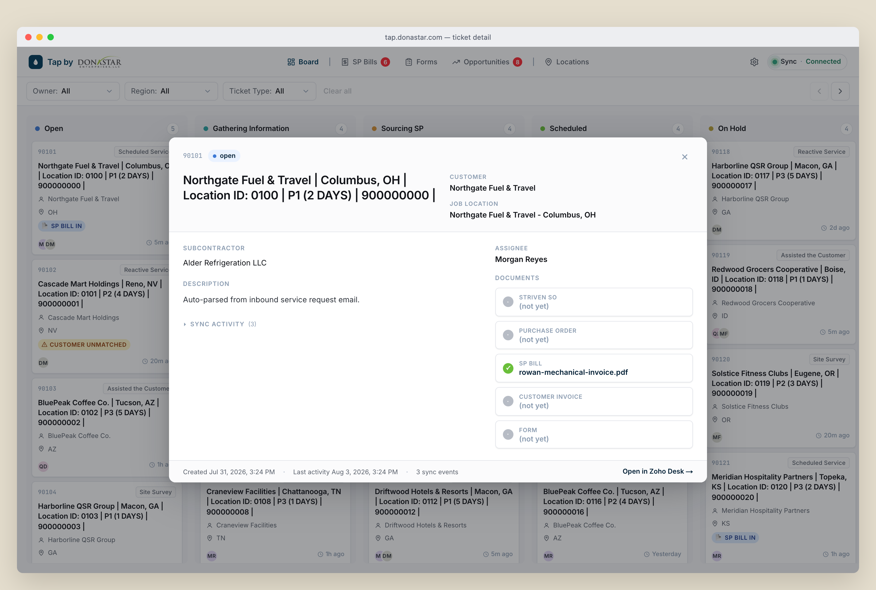 TAP ticket detail with linked Striven records and sync history